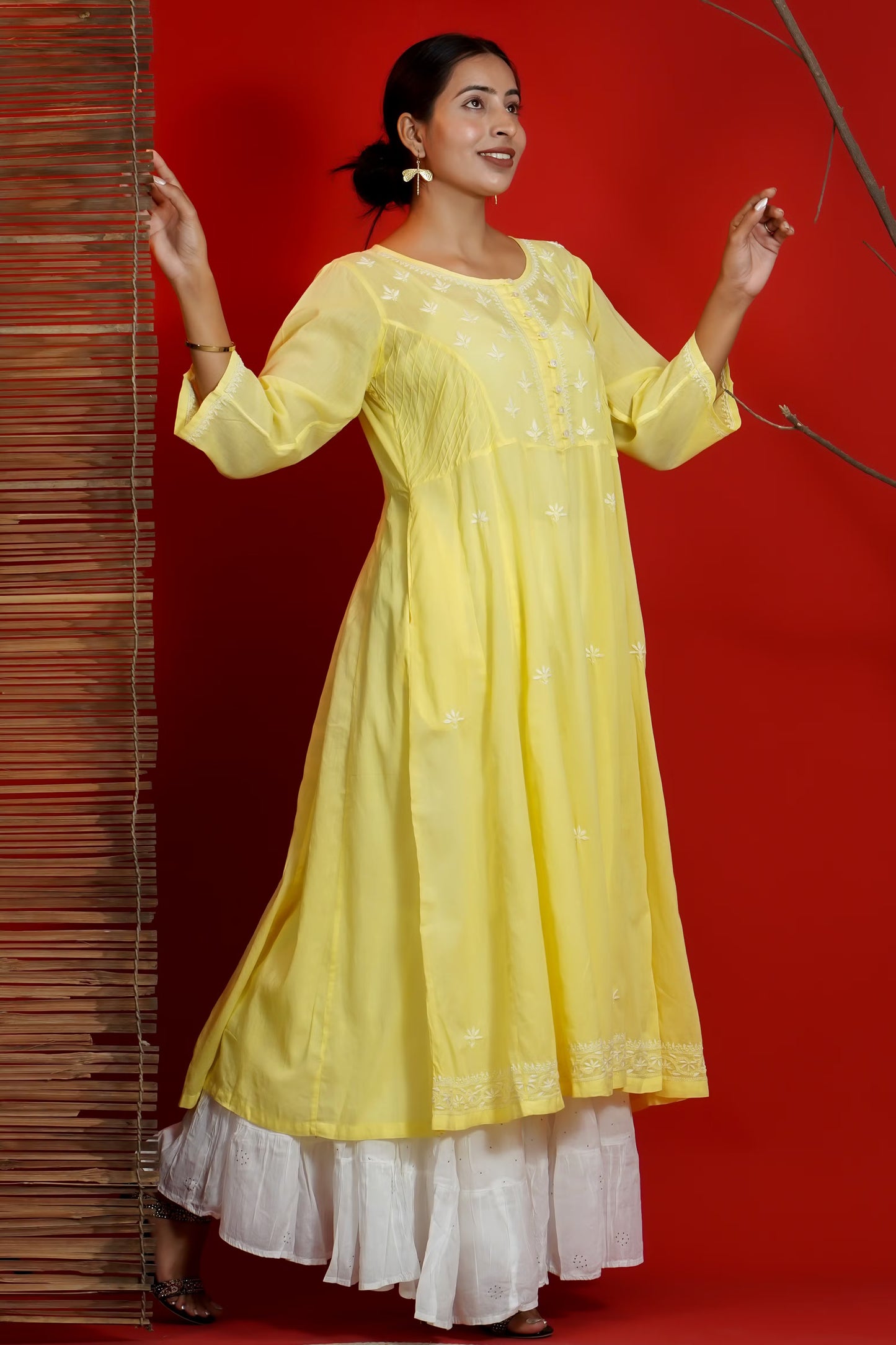 Women Hand Embroidered Chikankari Yellow Pintex Kali Dress