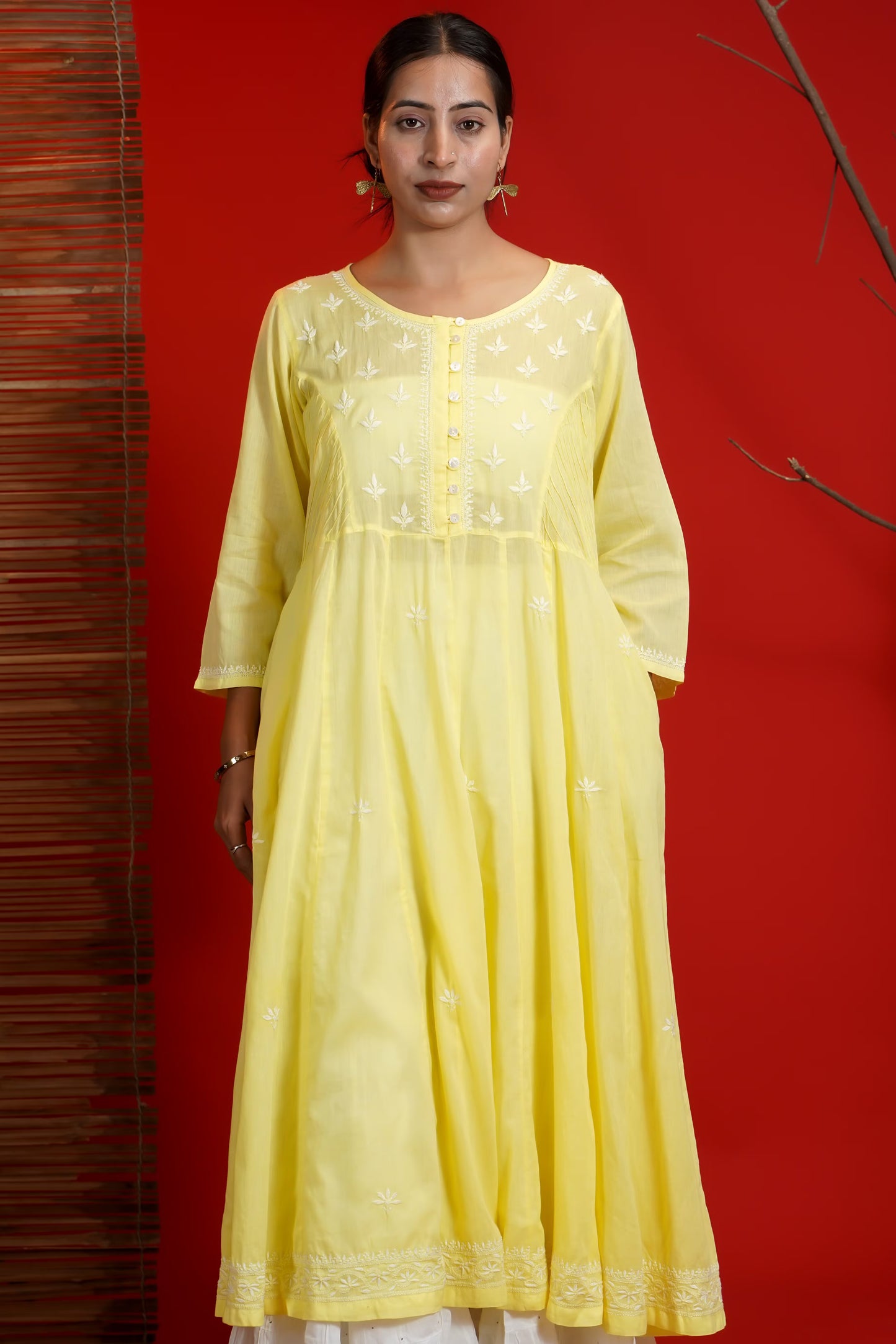 Women Hand Embroidered Chikankari Yellow Pintex Kali Dress