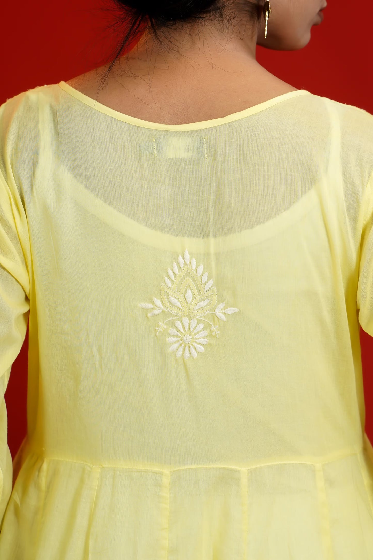 Women Hand Embroidered Chikankari Yellow Pintex Kali Dress
