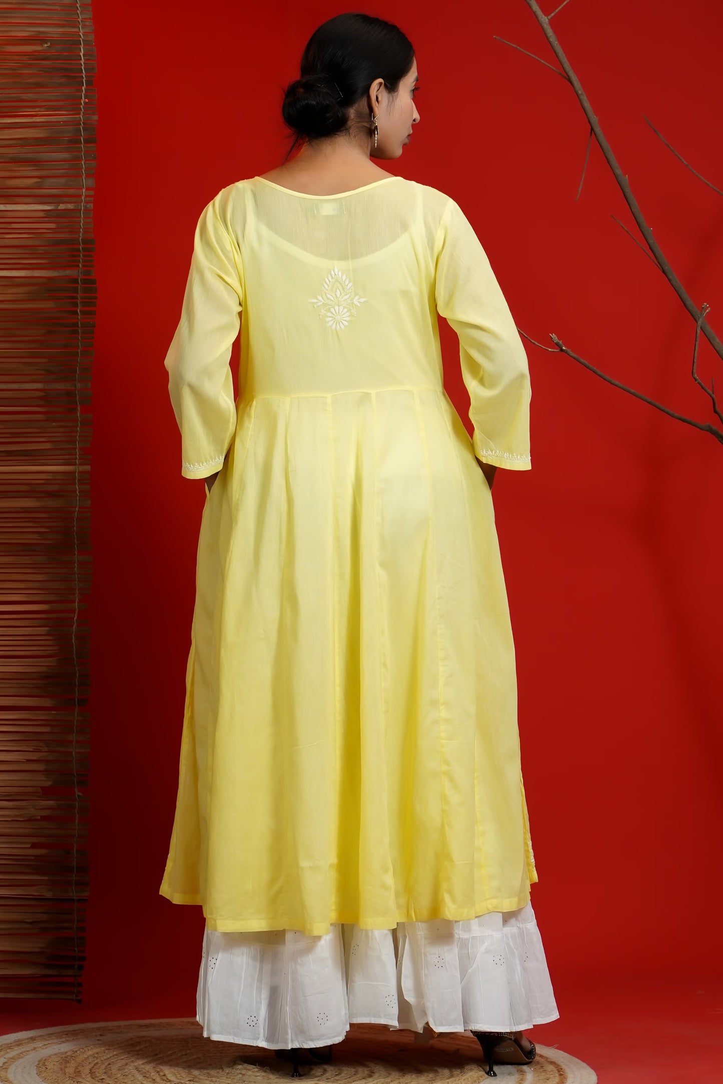 Women Hand Embroidered Chikankari Yellow Pintex Kali Dress
