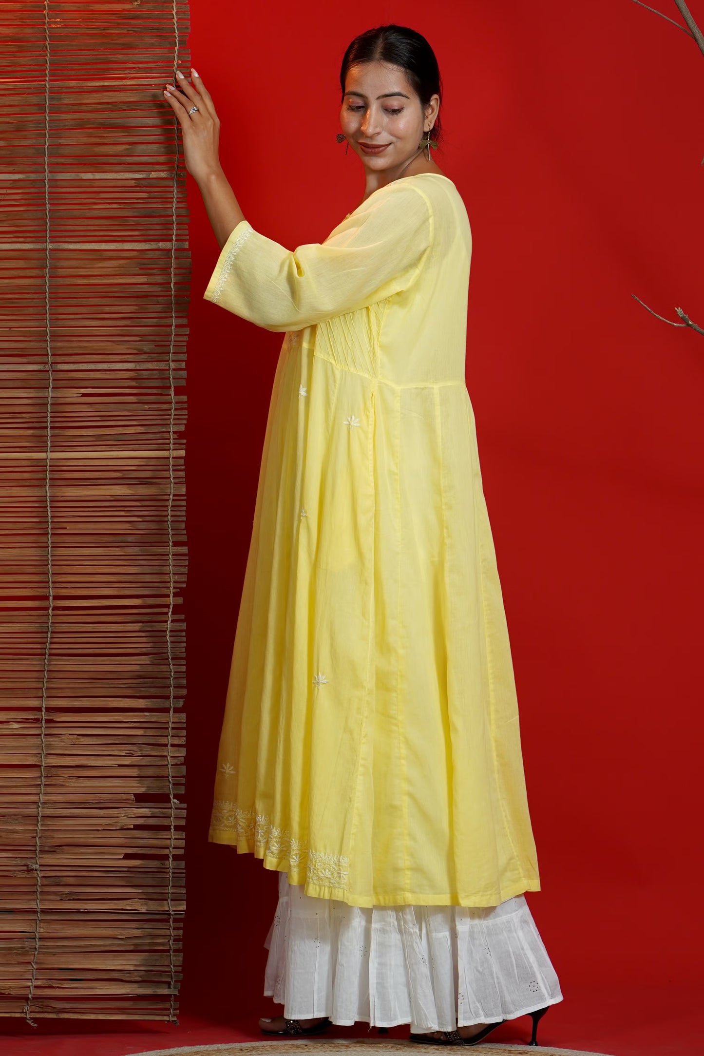 Women Hand Embroidered Chikankari Yellow Pintex Kali Dress