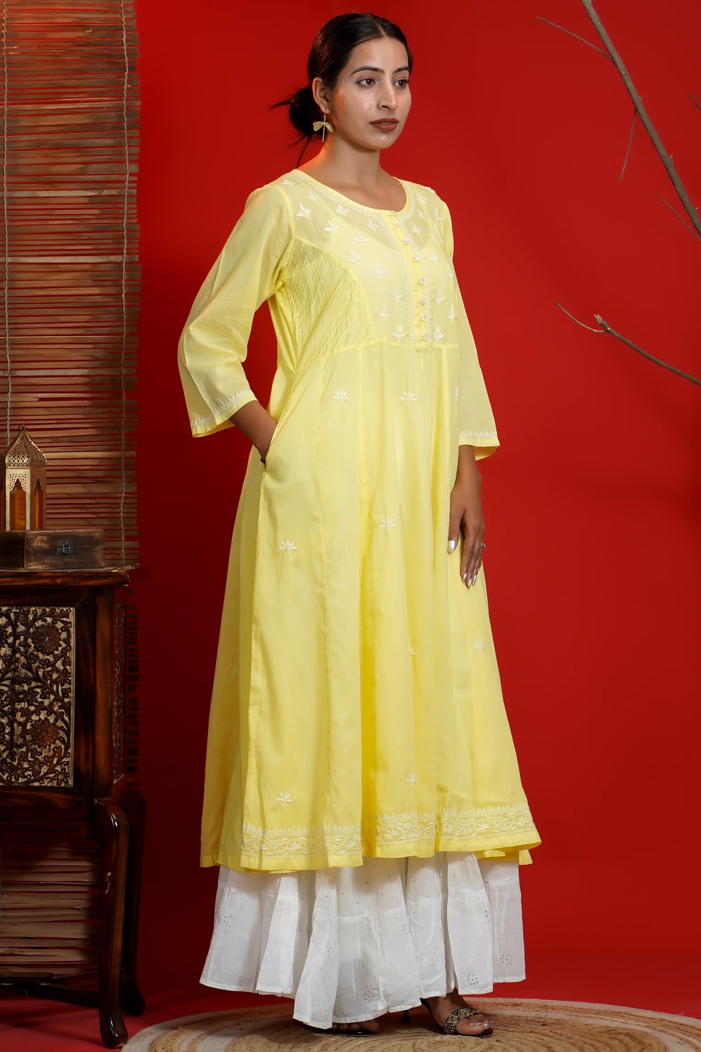 Women Hand Embroidered Chikankari Yellow Pintex Kali Dress