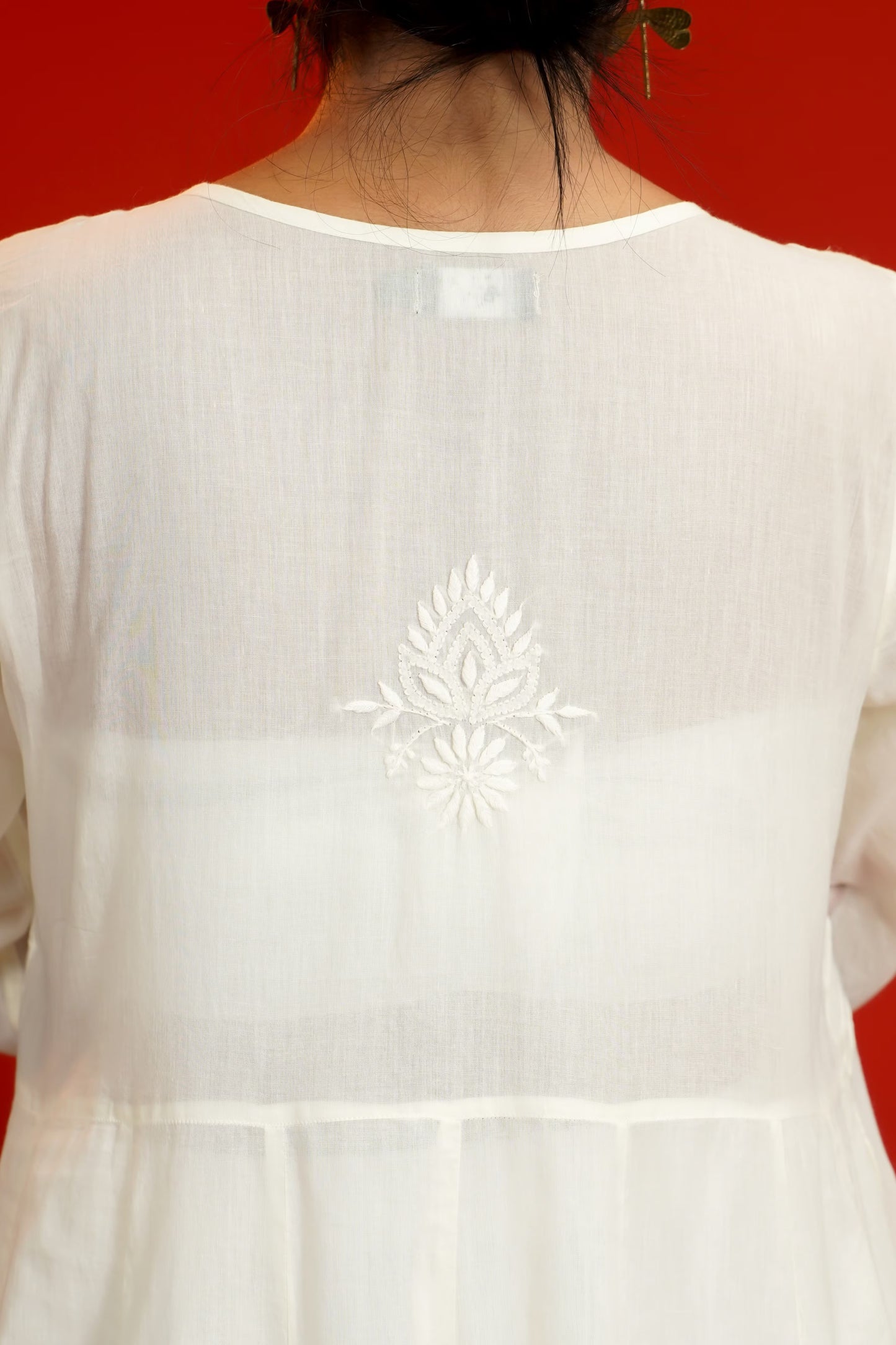 Women Hand Embroidered Chikankari Cream Pintex Kali Dress