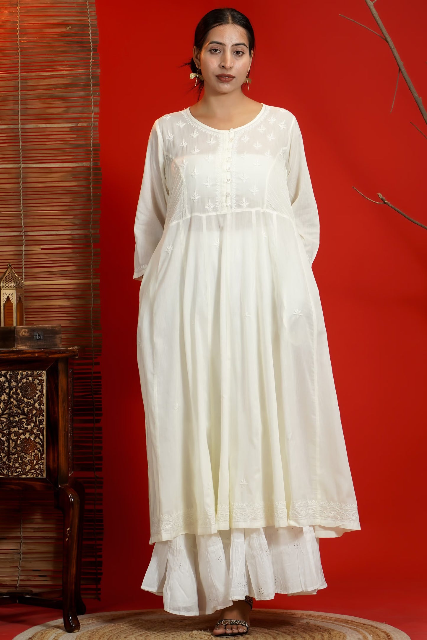 Women Hand Embroidered Chikankari Cream Pintex Kali Dress