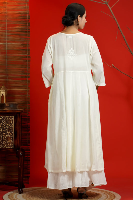 Women Hand Embroidered Chikankari Cream Pintex Kali Dress