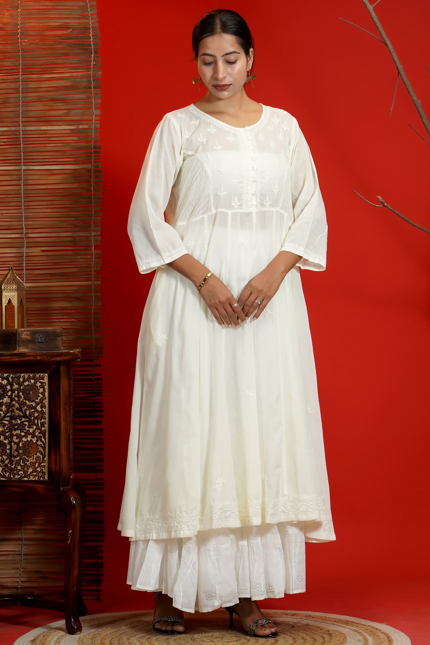 Women Hand Embroidered Chikankari Cream Pintex Kali Dress