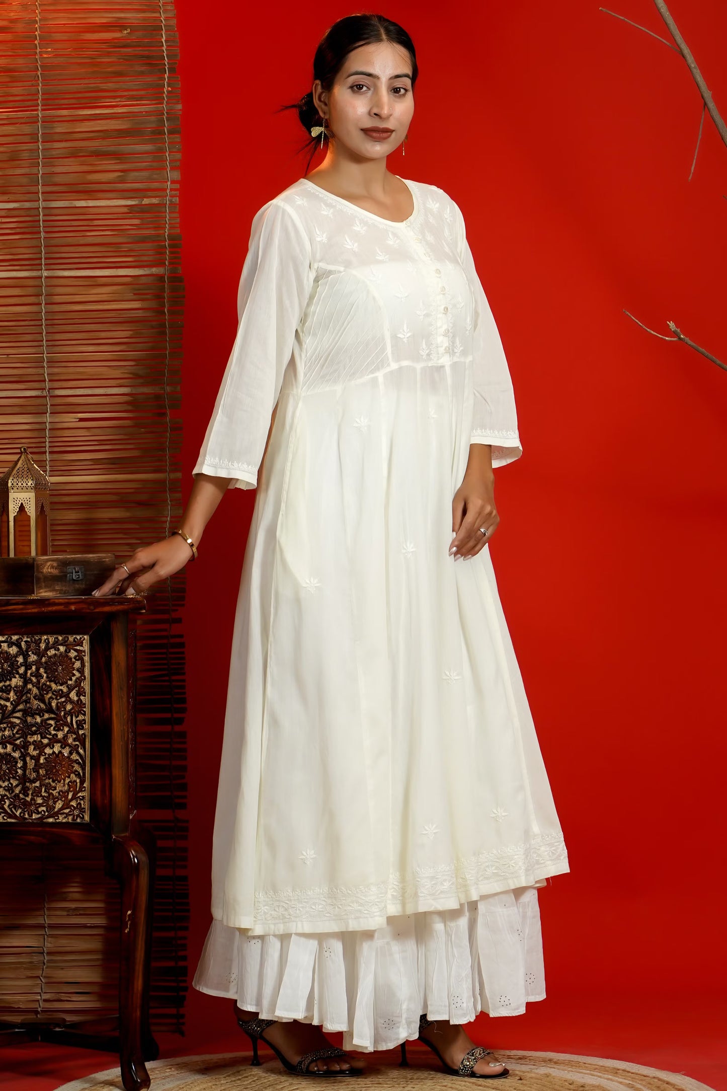Women Hand Embroidered Chikankari Cream Pintex Kali Dress