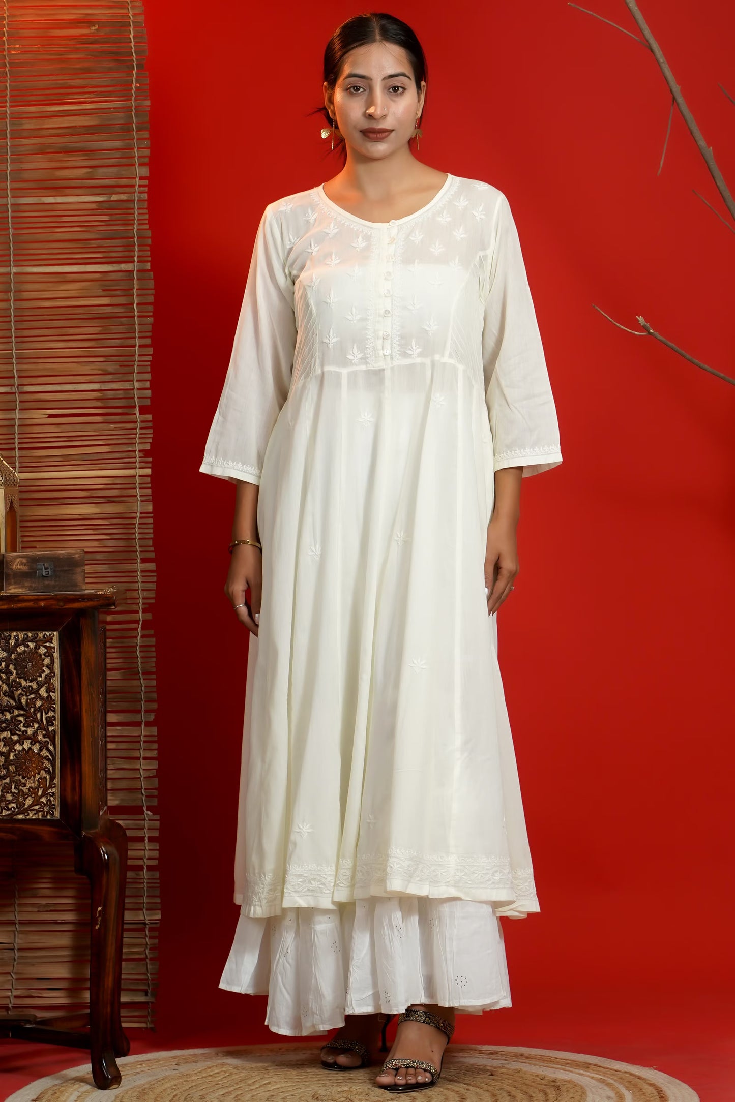 Women Hand Embroidered Chikankari Cream Pintex Kali Dress