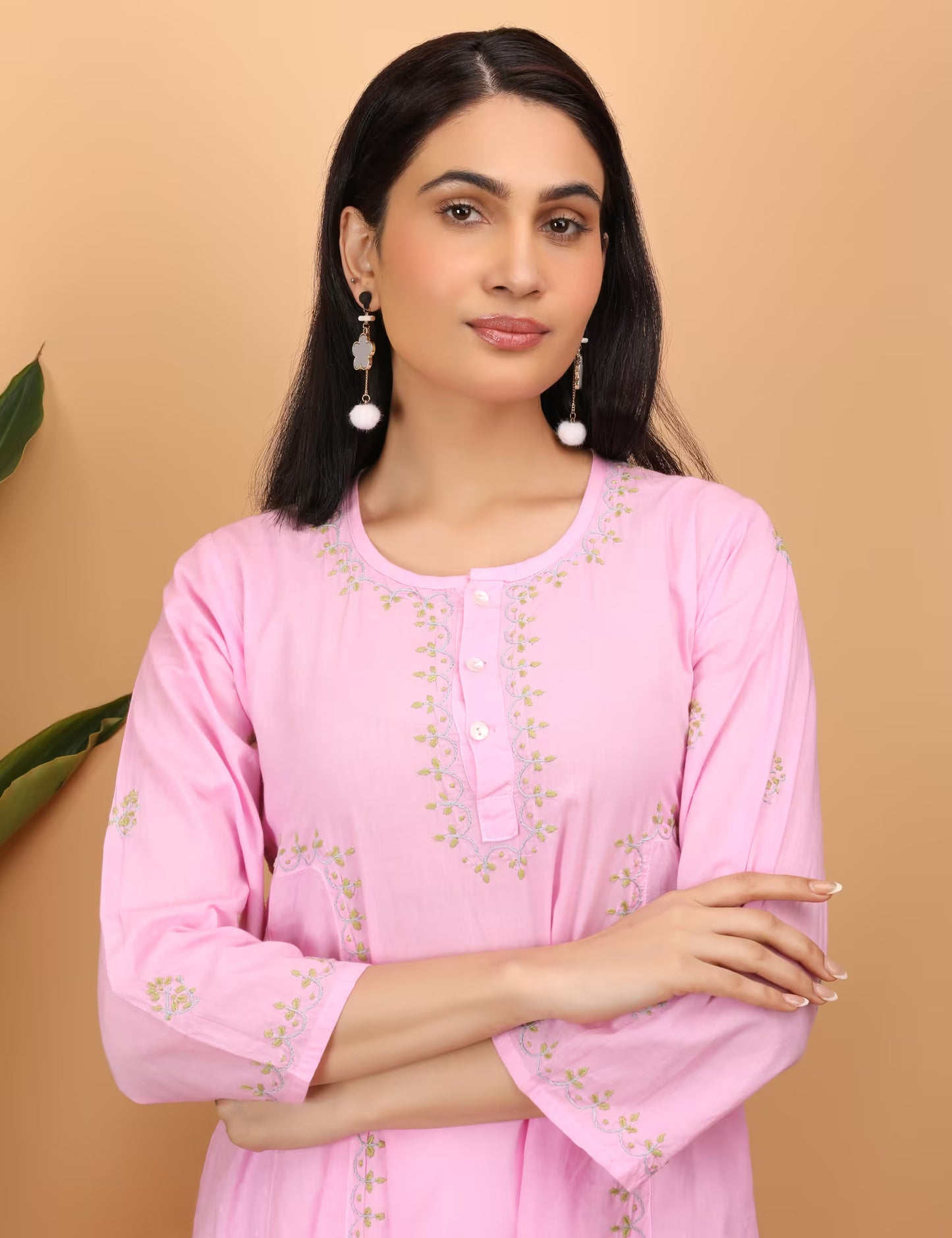 Women Pink Hand Embroidered Chikankari Kali Kurti - Shwet Artistry