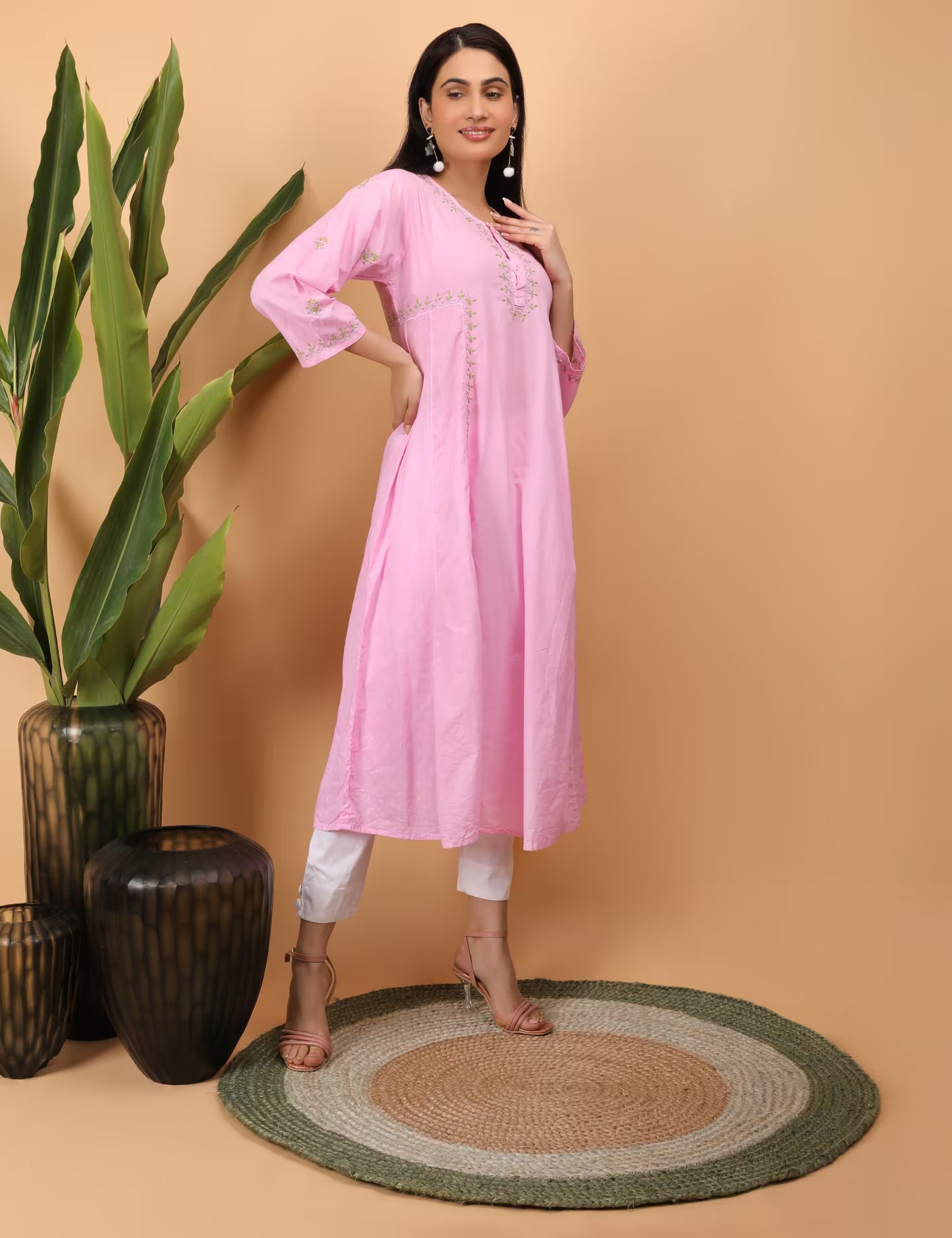 Women Pink Hand Embroidered Chikankari Kali Kurti - Shwet Artistry
