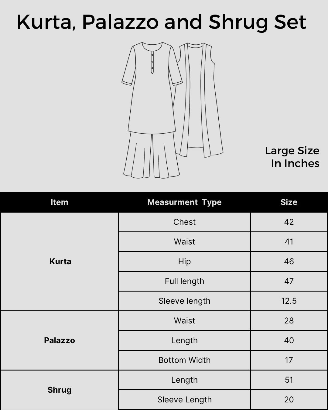 Detailed Size Guide for Shwet Black & Blue Chikankari Kurta Palazzo Shrug Set