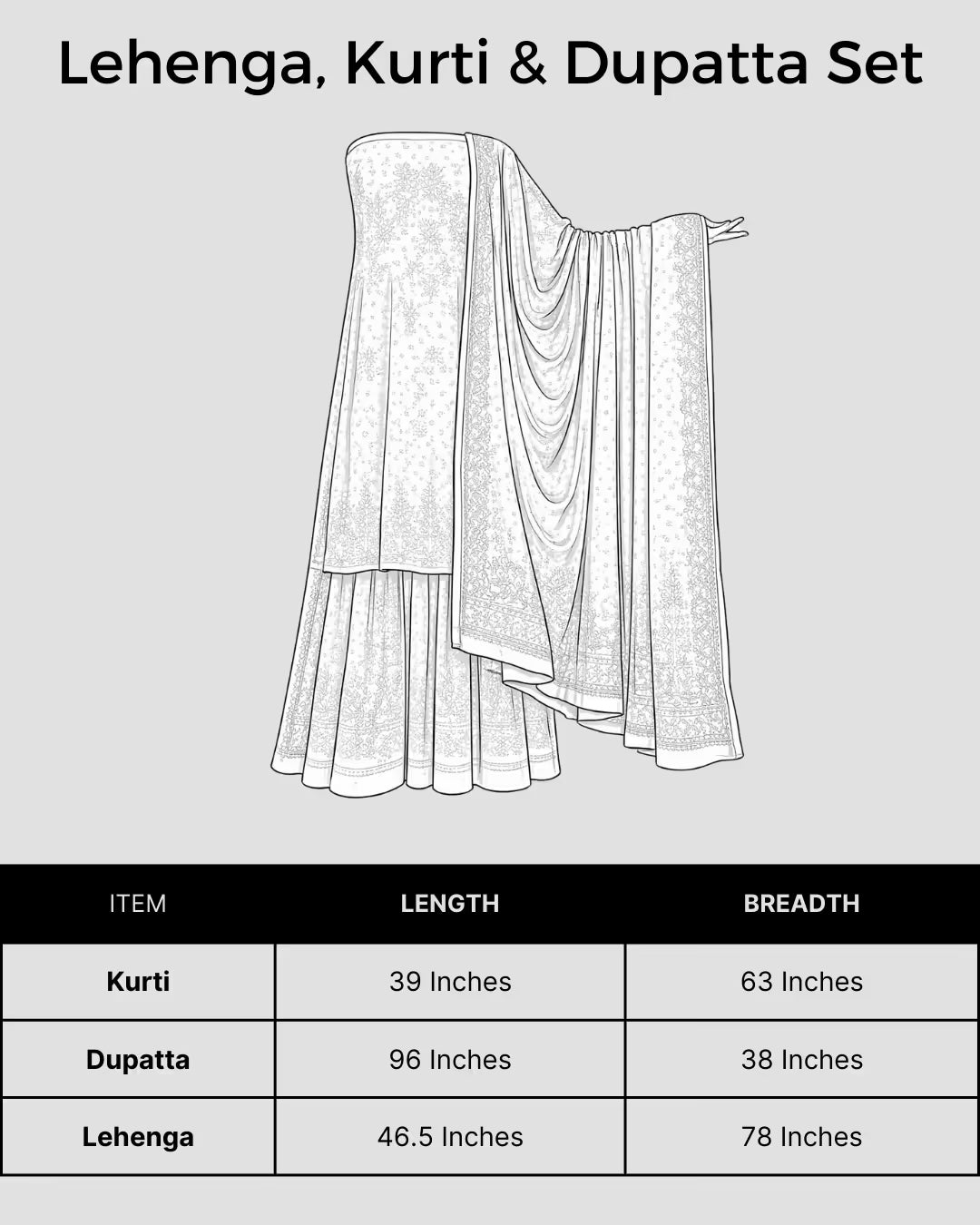 Size chart Shwet Women Magenta Hand Embroidered Chikankari Semi-Stitched Lehenga Set
