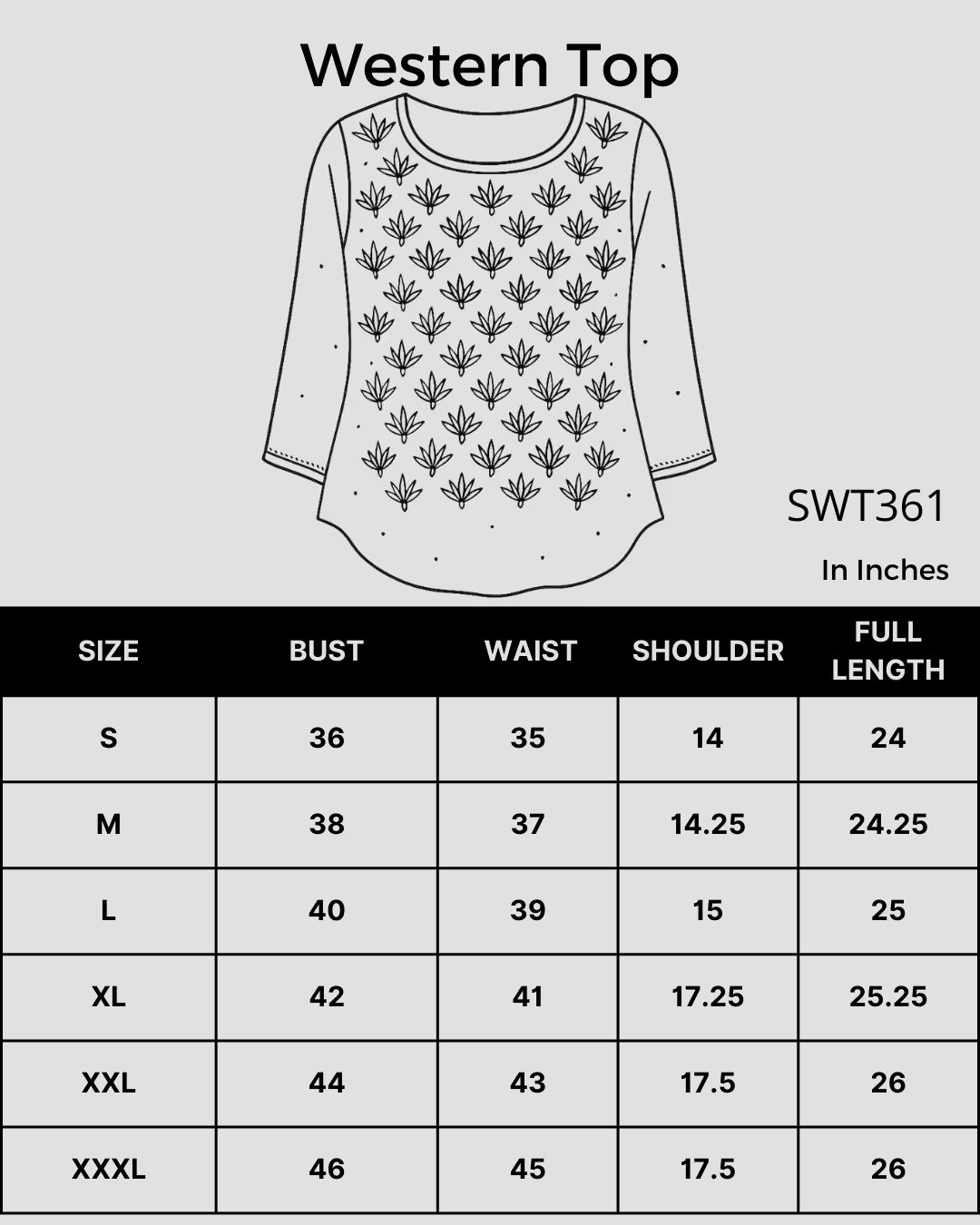 Size chart Shwet Women Hand Embroidered "Pastel Poise" Lavendar short top
