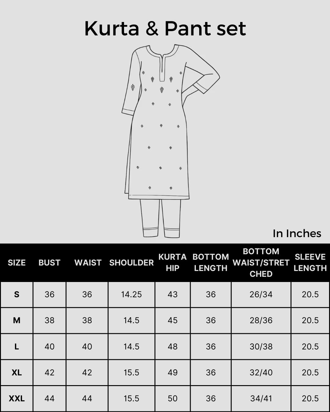 Size chart Shwet Women Hand Embroidered Black Kurta Pant set