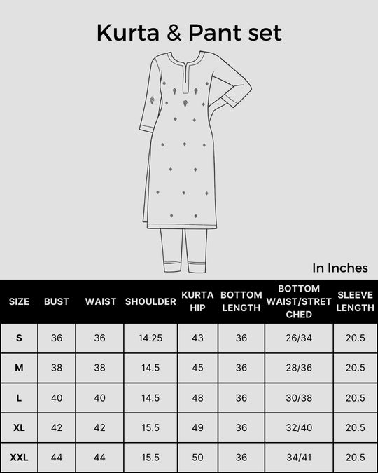 Size chart Shwet Women Hand Embroidered Black Kurta Pant set