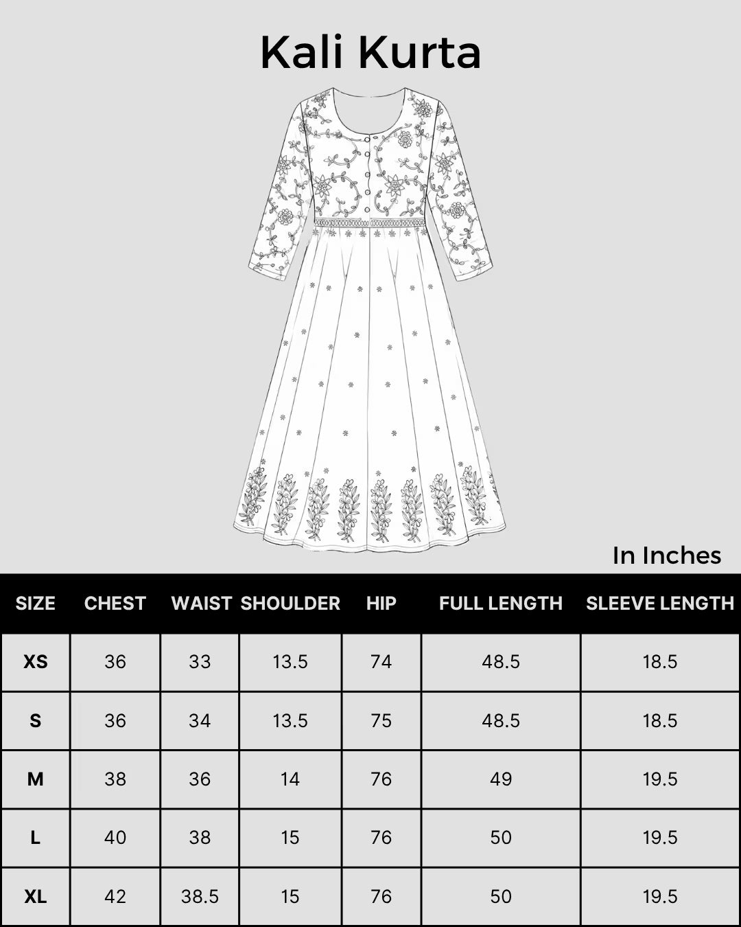 Size chart Shwet Women Hand Embroidered Black Chikankari Kali Kurta