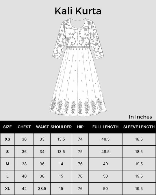 Size chart Shwet Women Hand Embroidered Black Chikankari Kali Kurta
