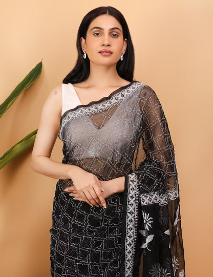 Shwet Black Georgette Chikankari Saree - Shwet Artistry