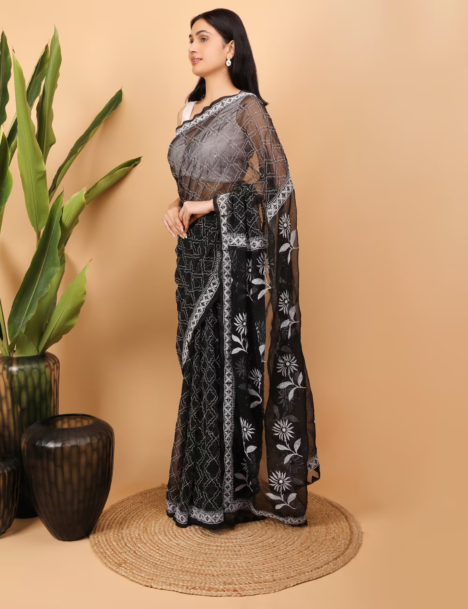 Shwet Black Georgette Chikankari Saree - Shwet Artistry