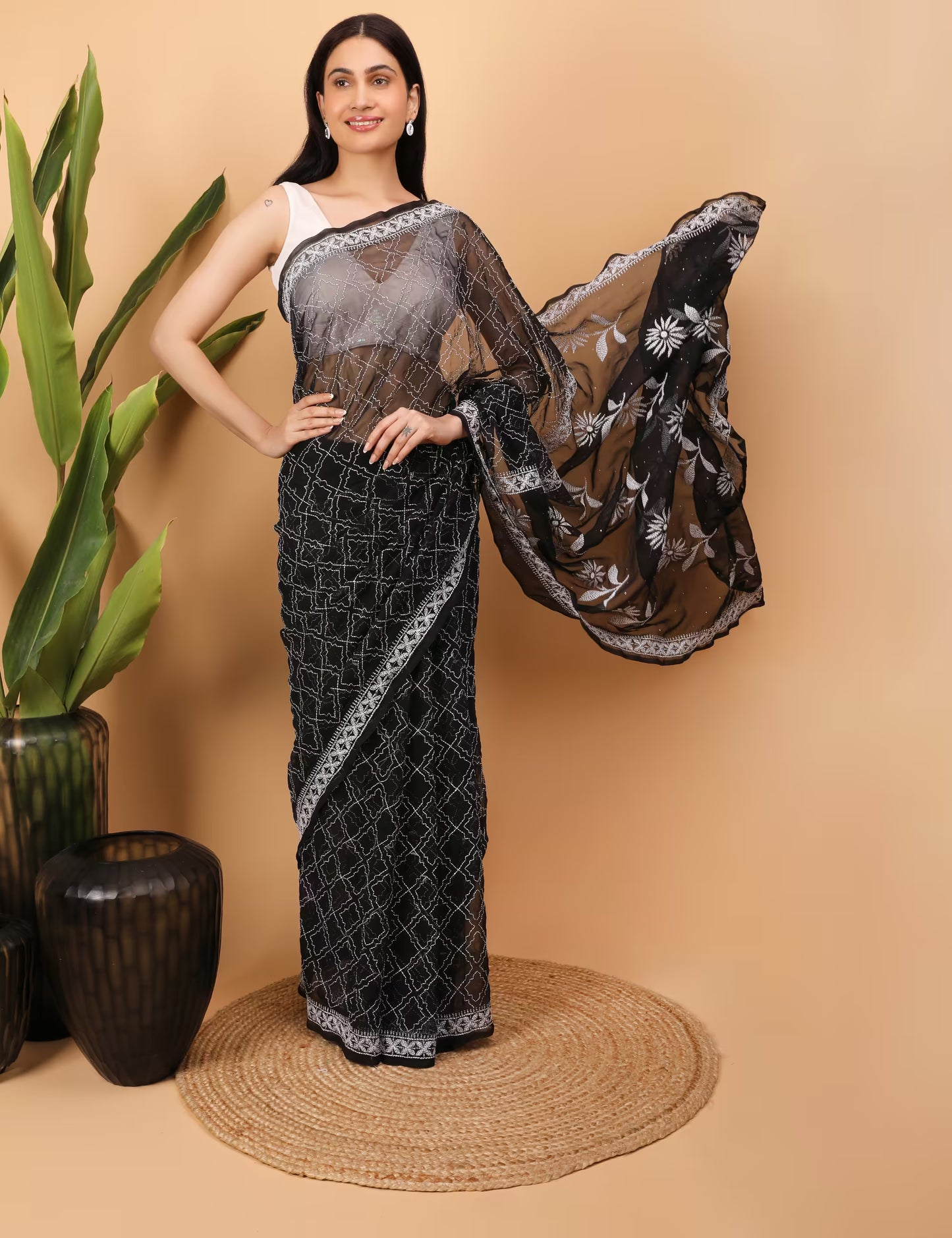 Shwet Black Georgette Chikankari Saree - Shwet Artistry