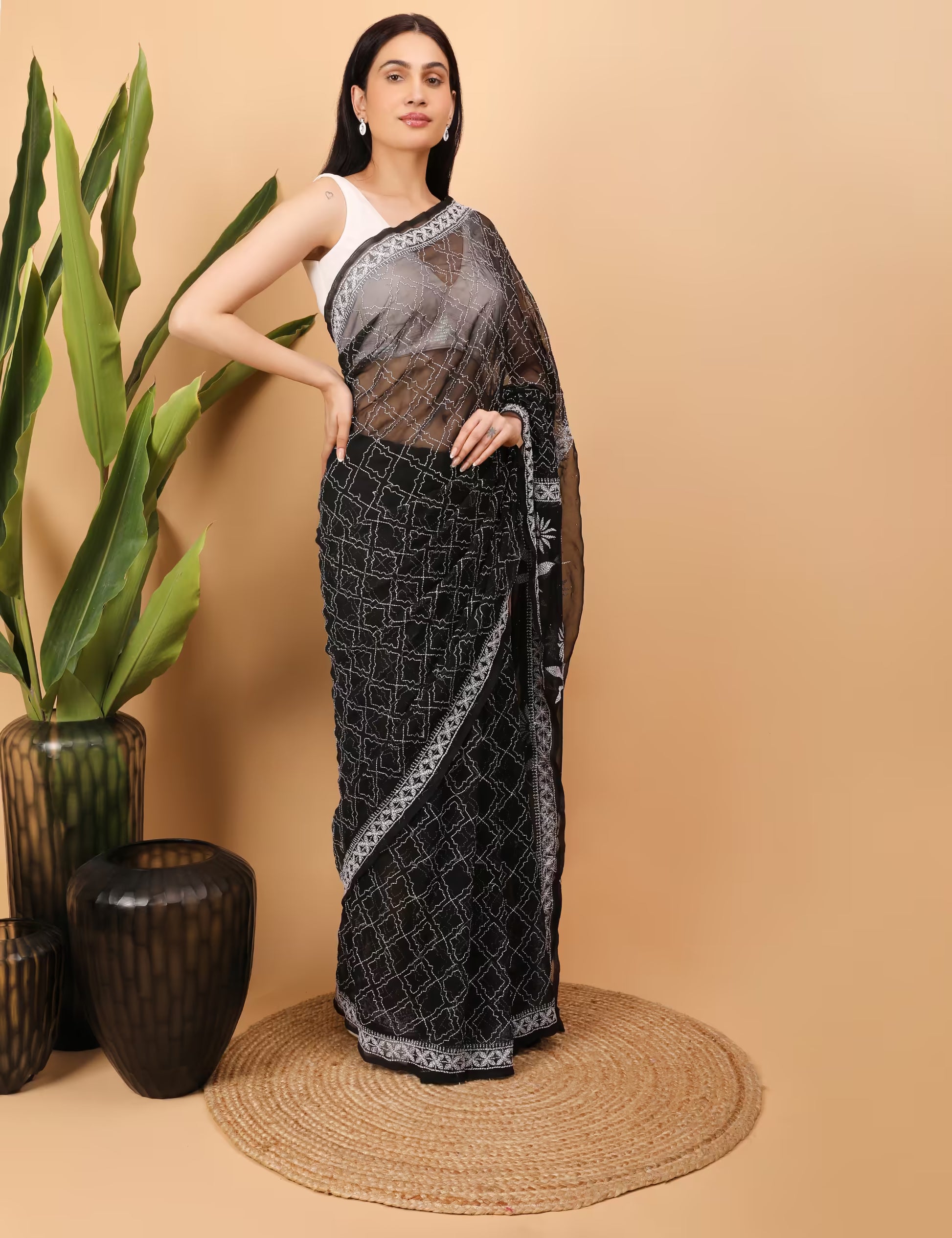 Shwet Black Georgette Chikankari Saree - Shwet Artistry