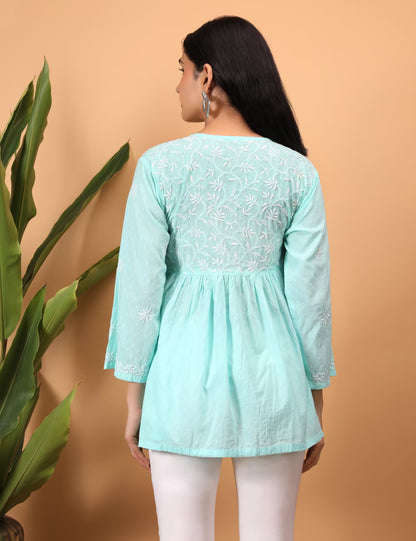 Shwet Sea Blue Women Chikankari Angarkha Top - Shwet Artistry