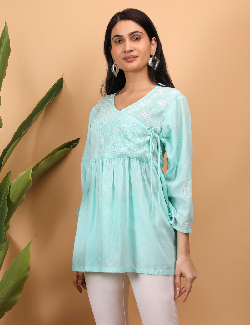 Shwet Sea Blue Women Chikankari Angarkha Top - Shwet Artistry