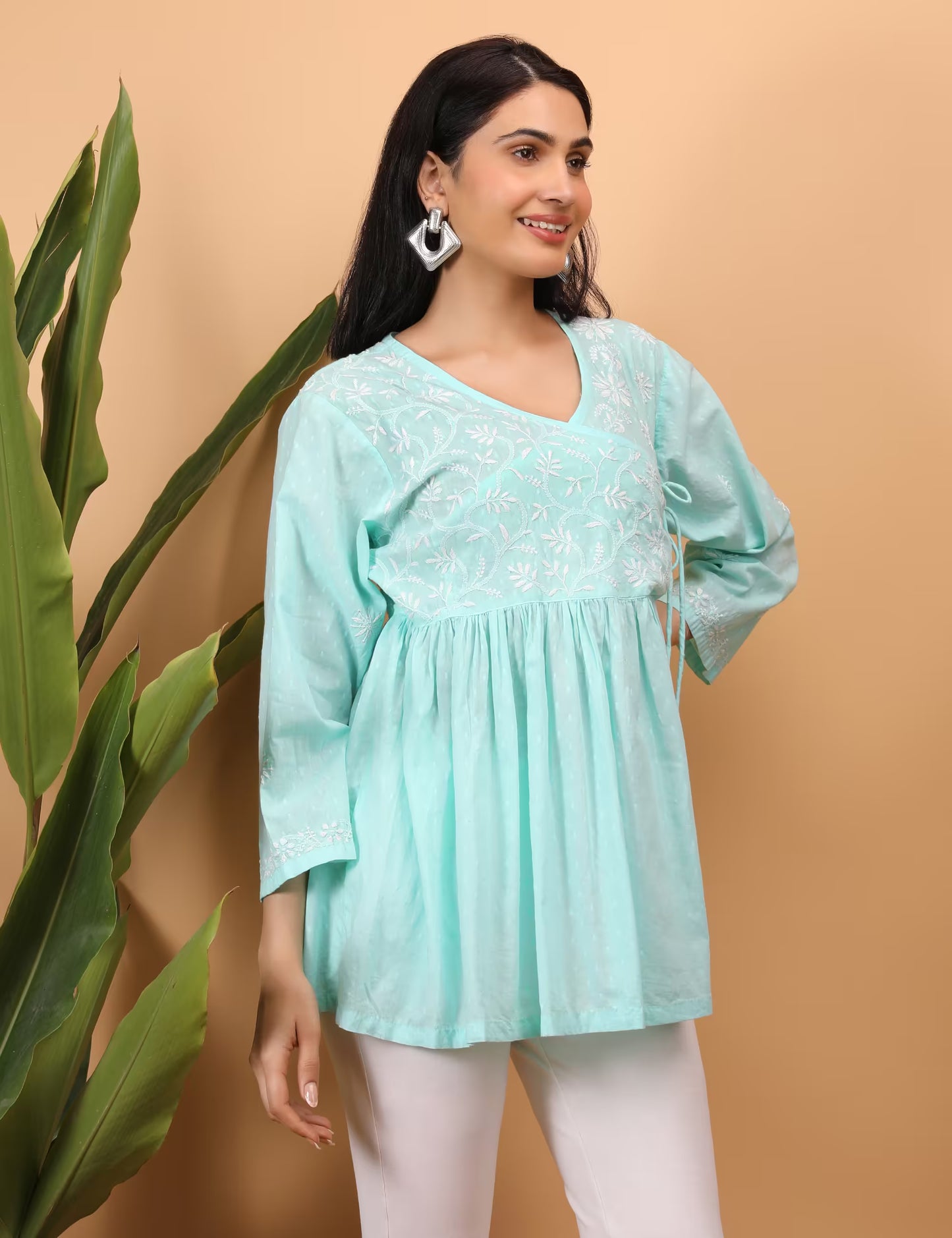 Shwet Sea Blue Women Chikankari Angarkha Top - Shwet Artistry