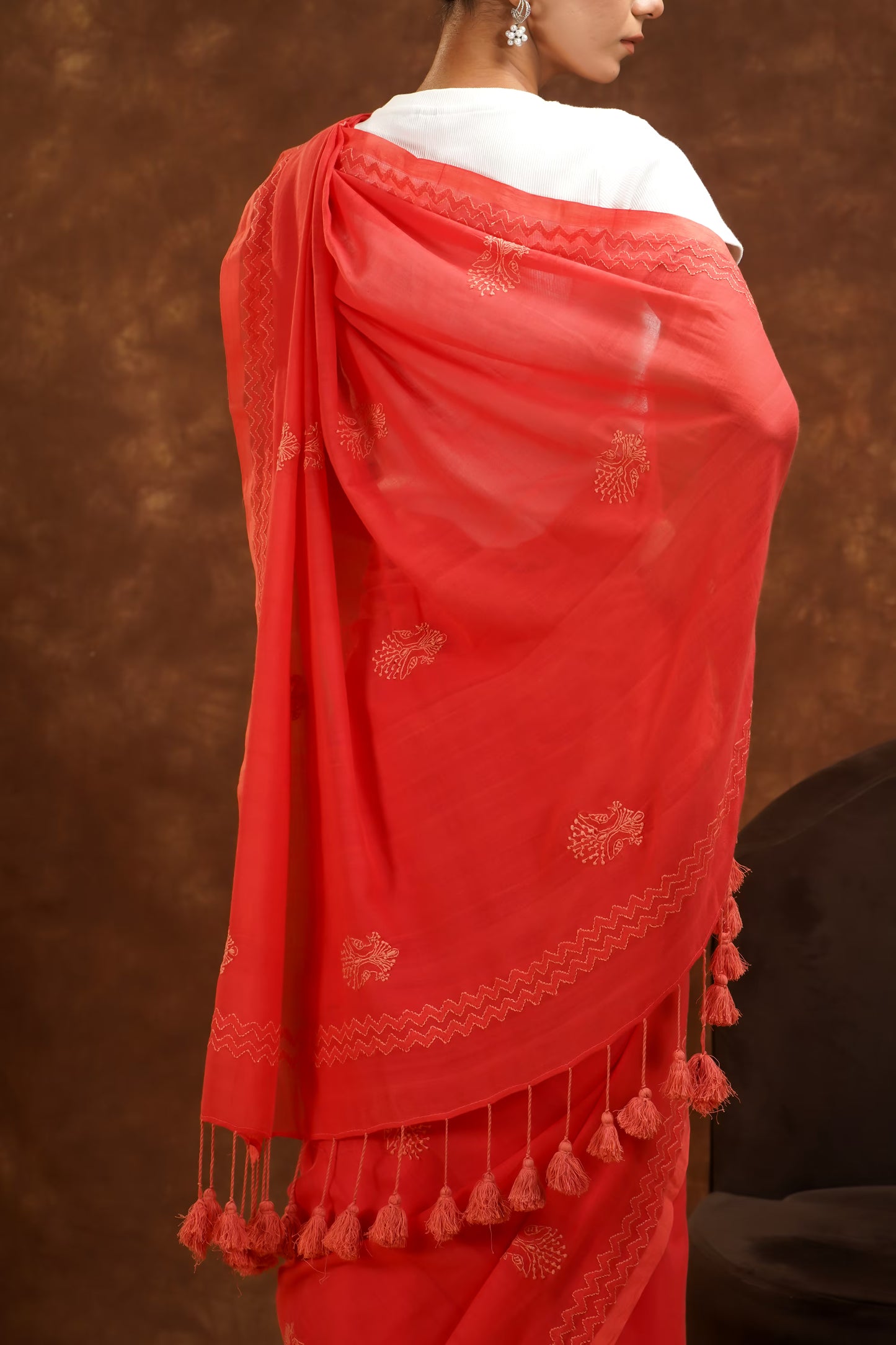 Shwet Women Coral Pink Hand Embroidered Chikankari Saree