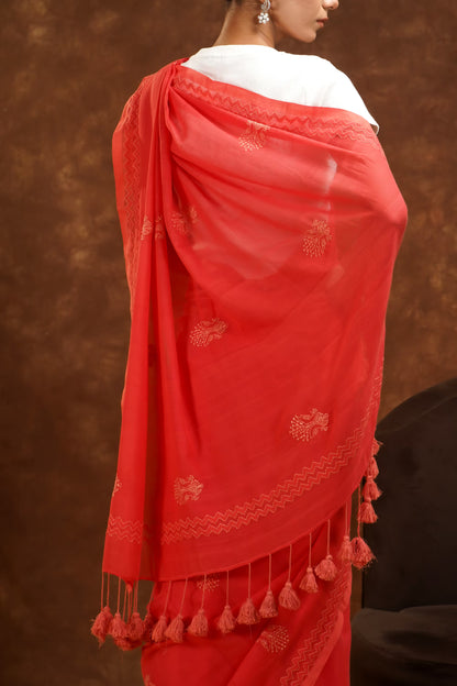 Shwet Women Coral Pink Hand Embroidered Chikankari Saree