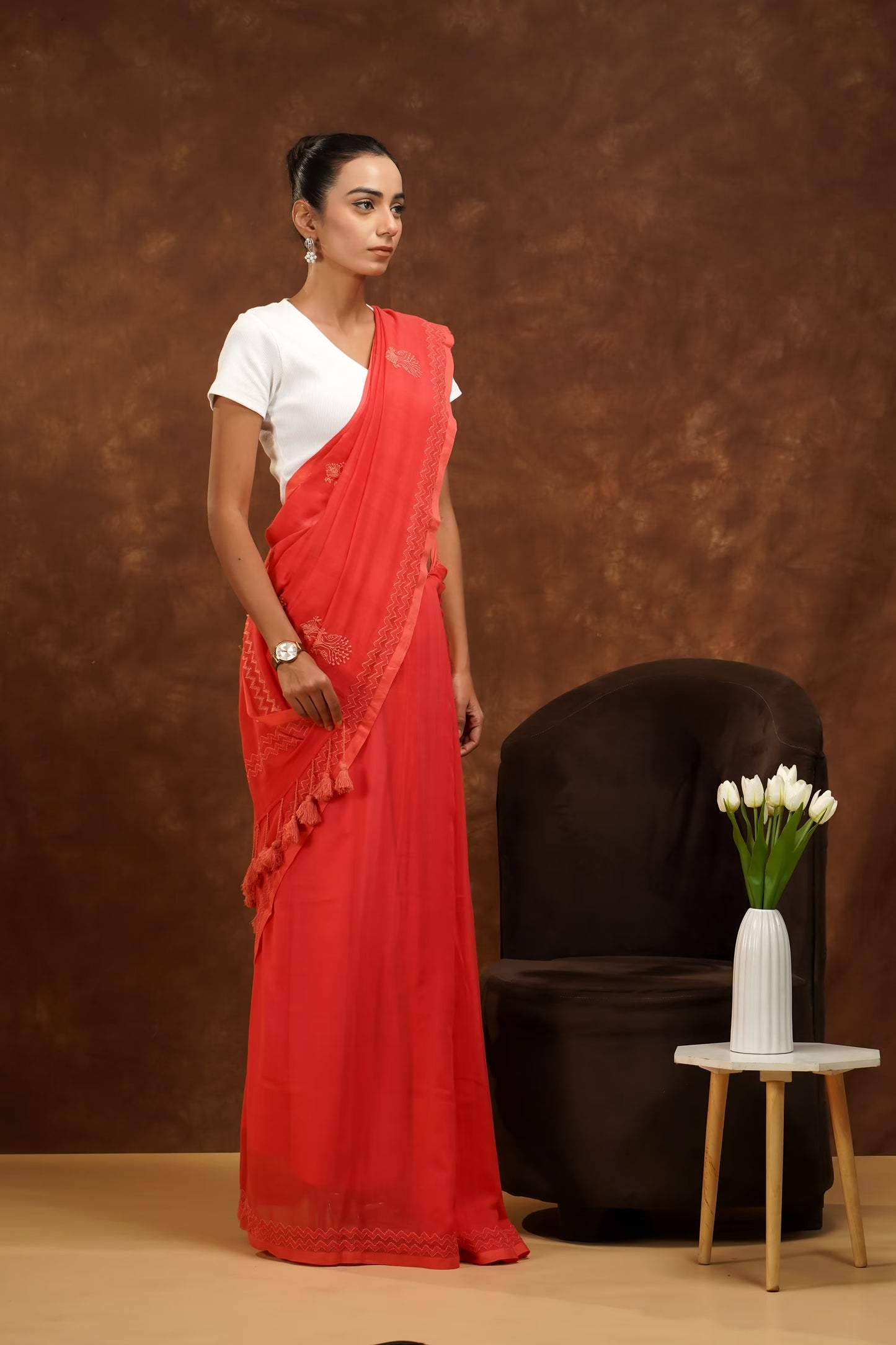 Shwet Women Coral Pink Hand Embroidered Chikankari Saree