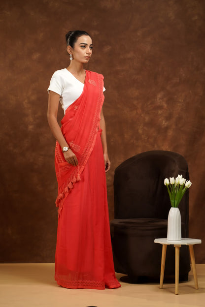 Shwet Women Coral Pink Hand Embroidered Chikankari Saree