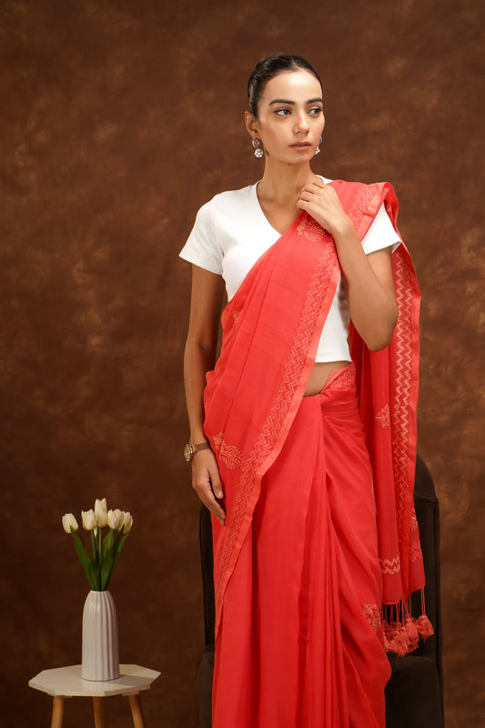 Shwet Women Coral Pink Hand Embroidered Chikankari Saree