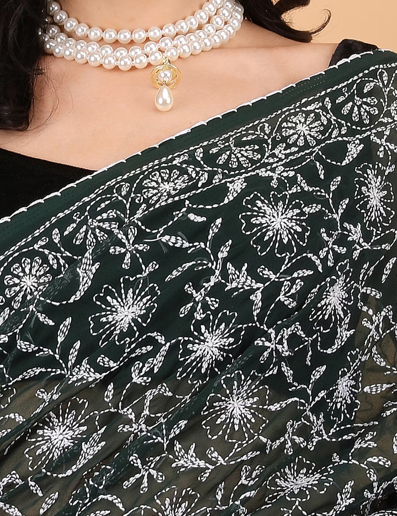 Women Dark Green Hand Embroidered Chikankari Dalmia Georgette Saree - Shwet Artistry