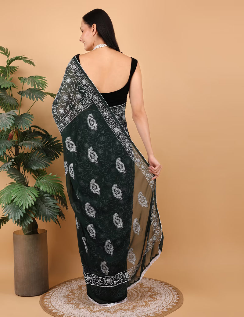Women Dark Green Hand Embroidered Chikankari Dalmia Georgette Saree - Shwet Artistry