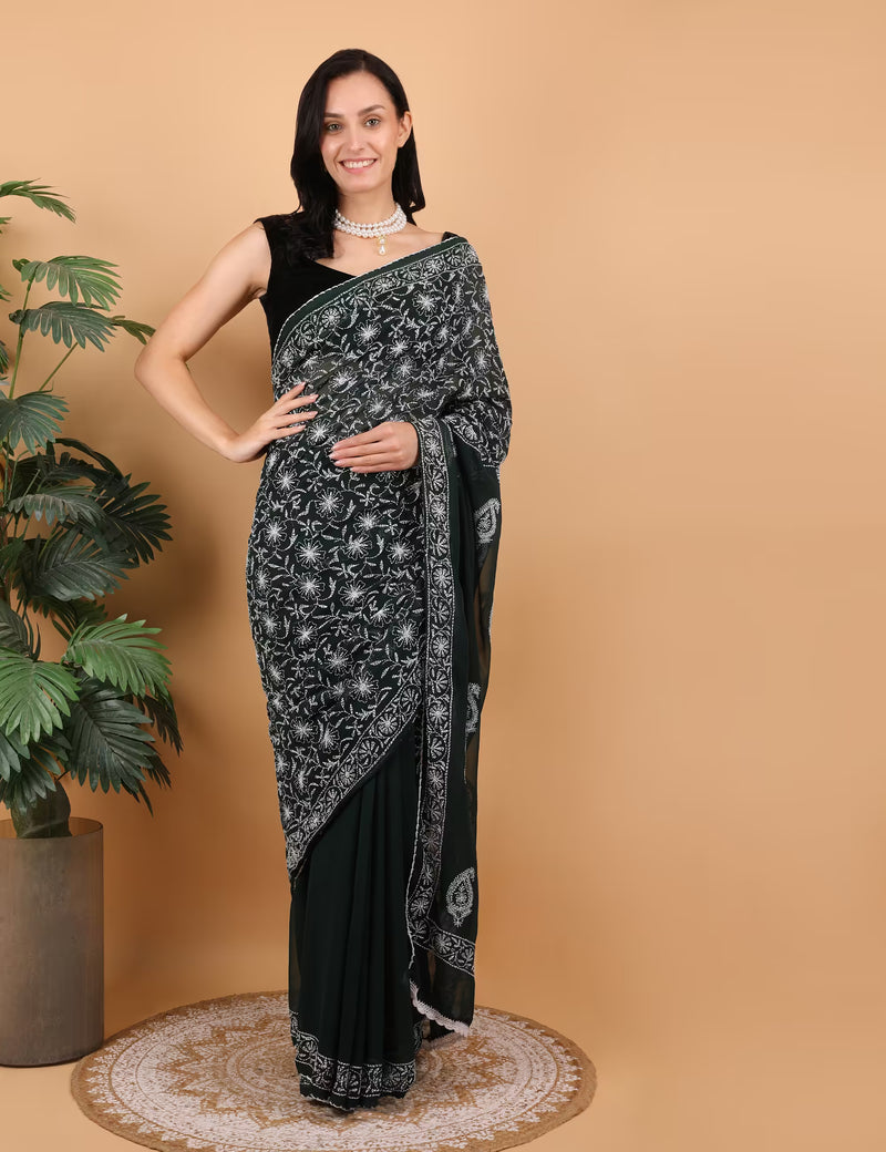 Women Dark Green Hand Embroidered Chikankari Dalmia Georgette Saree - Shwet Artistry.