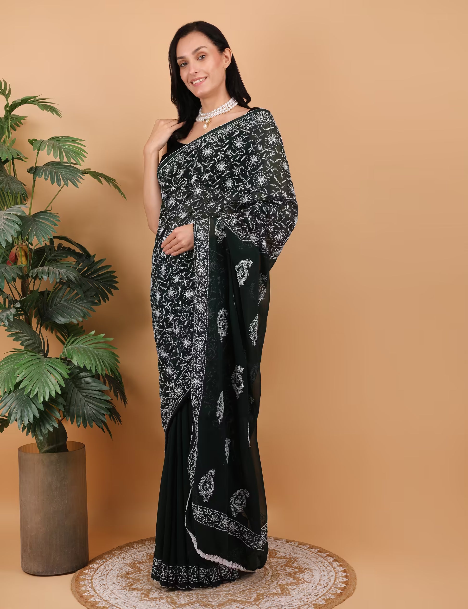 Women Dark Green Hand Embroidered Chikankari Georgette Saree - Shwet Artistry