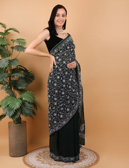 Women Dark Green Hand Embroidered Chikankari  Dalmia Georgette Saree - Shwet Artistry