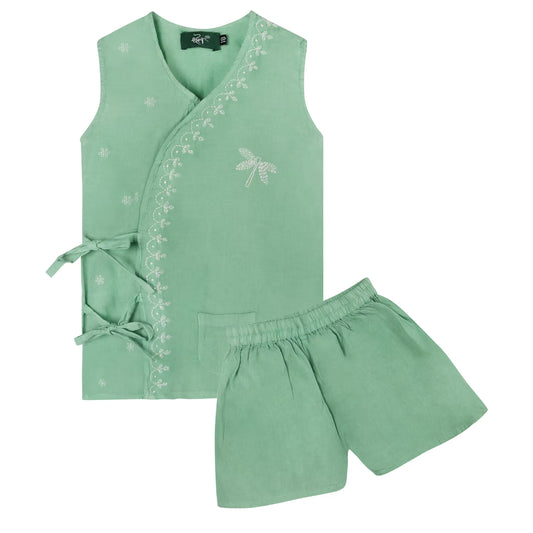 Green sleeveless Jhabla and shorts set with floral embroidery on a white background
