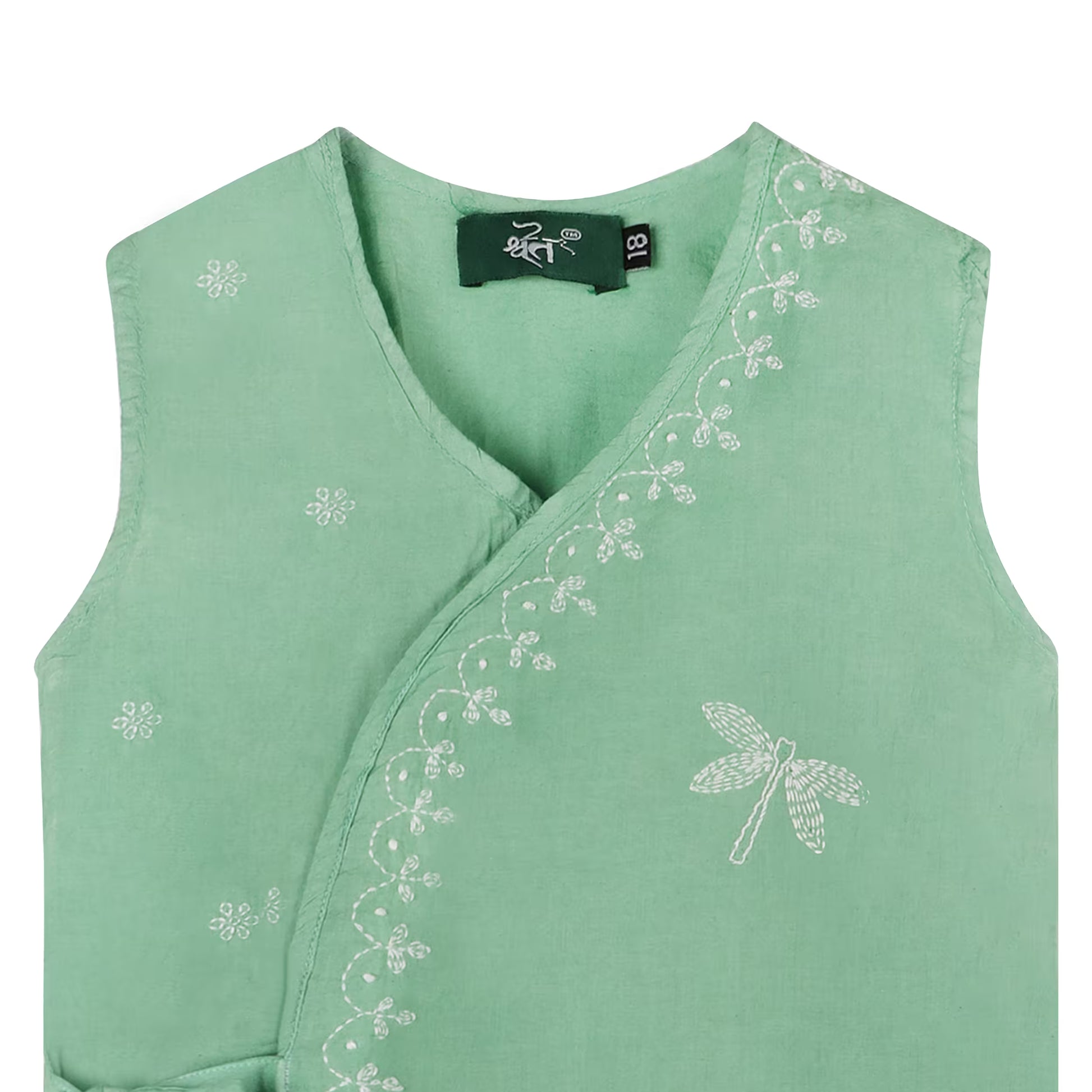 Green vest with dragonfly  Chikankari embroidery on a white background