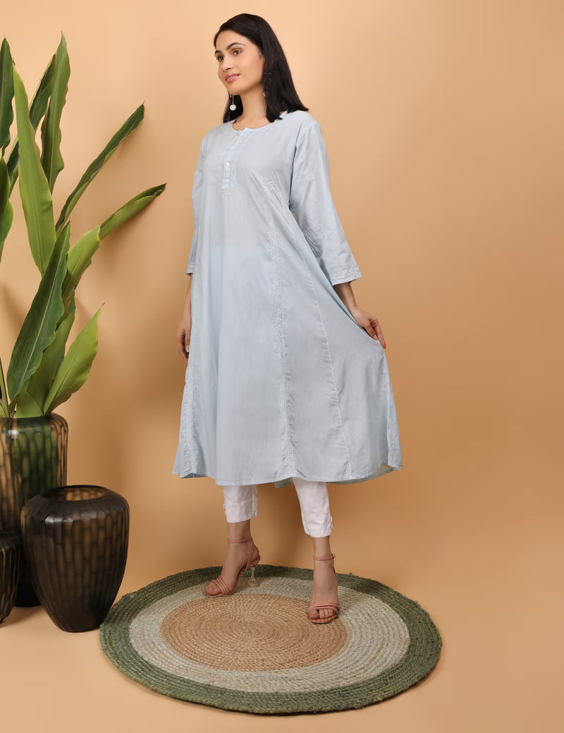 Shwet Women Grey Chikankari kali Kurti - Shwet Artistry