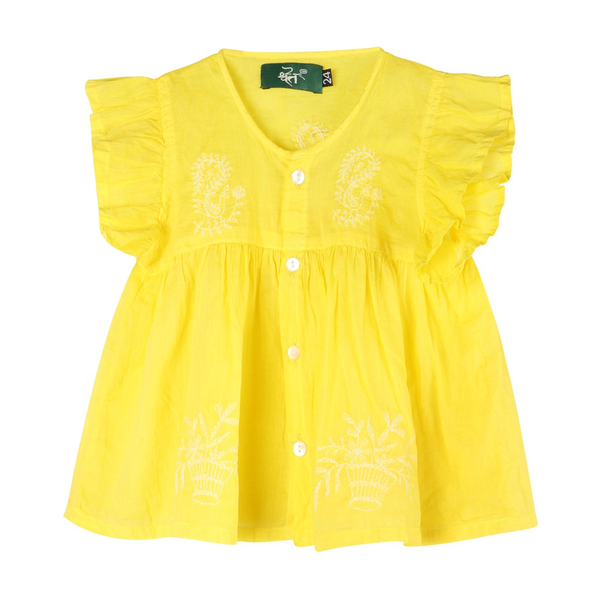 Shwet Chikankari yellow Baby Frok - Handcrafted Chikankari embroidery, front view. Premium quality fabric.
