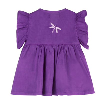 Purple dress with ruffled sleeves and a white dragonfly design on a white background