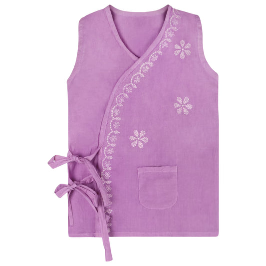 Purple sleeveless jhabla with Chikankari embroidery on a white background
