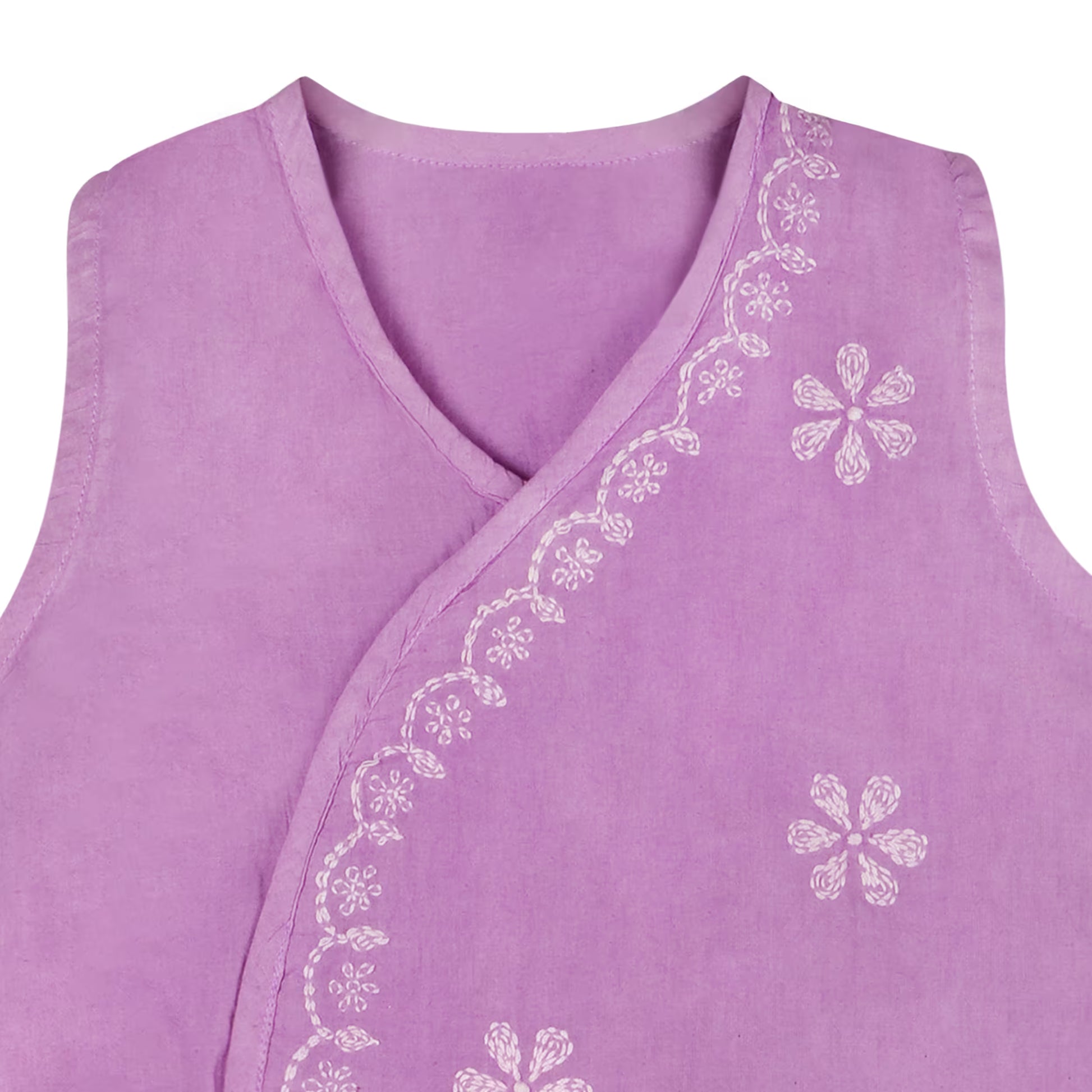 Purple sleeveless jhabla  with white chikankari  embroidery on a white background