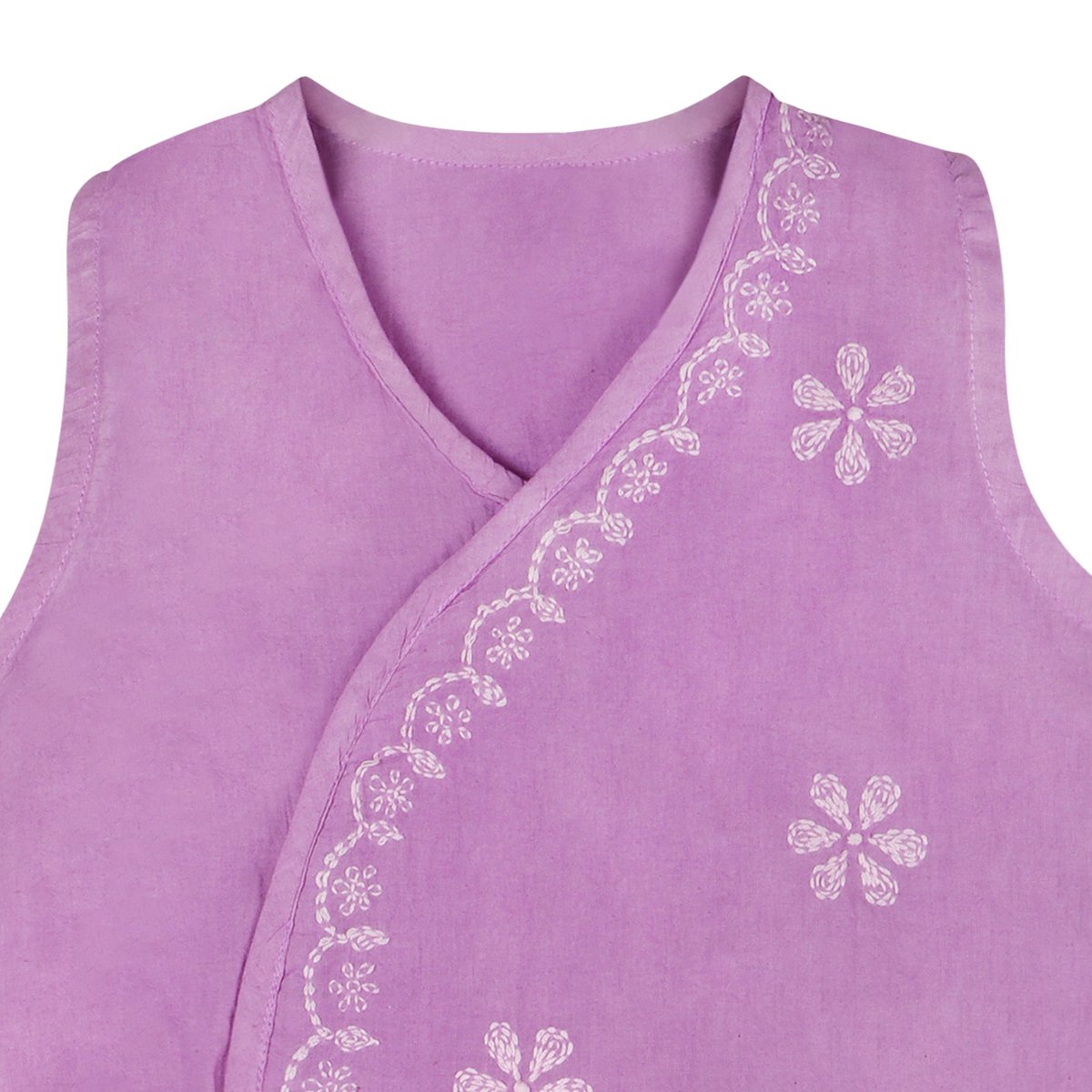 Shwet Chikankari Purple Cotton Baby Jhabla and Pant - Handcrafted Chikankari embroidery, close-up detail. Premium quality fabric.