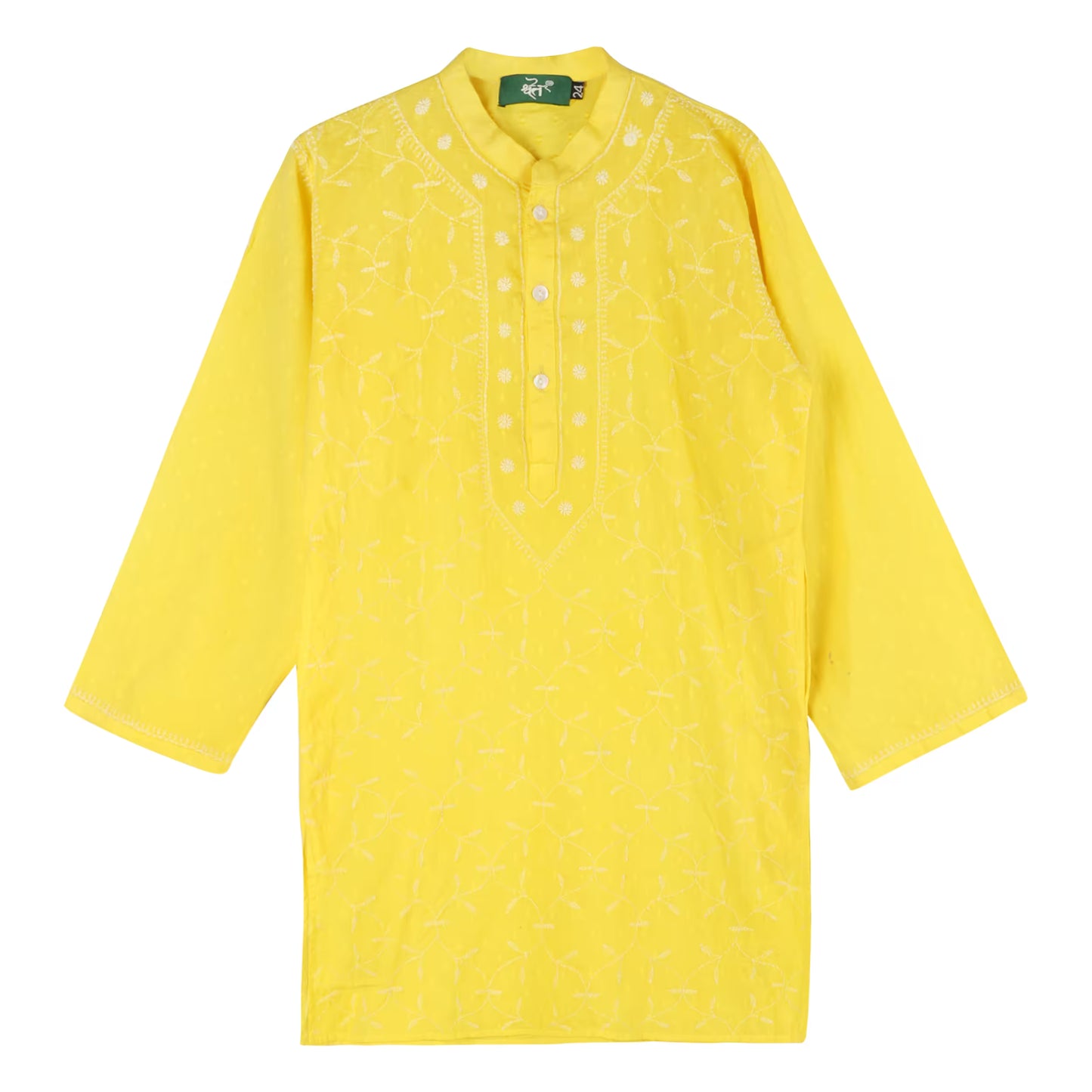 Yellow kurta with white Hand Embroidered Chikankari  patterns on a white background
