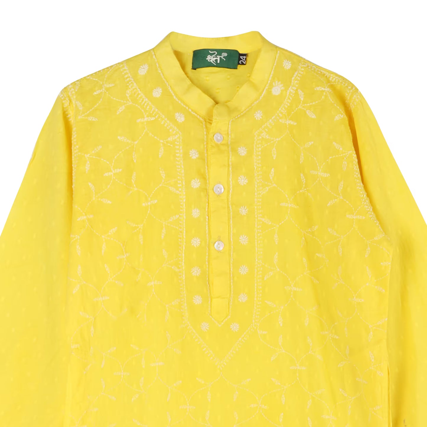 Yellow kurta with white chikankari on a white background