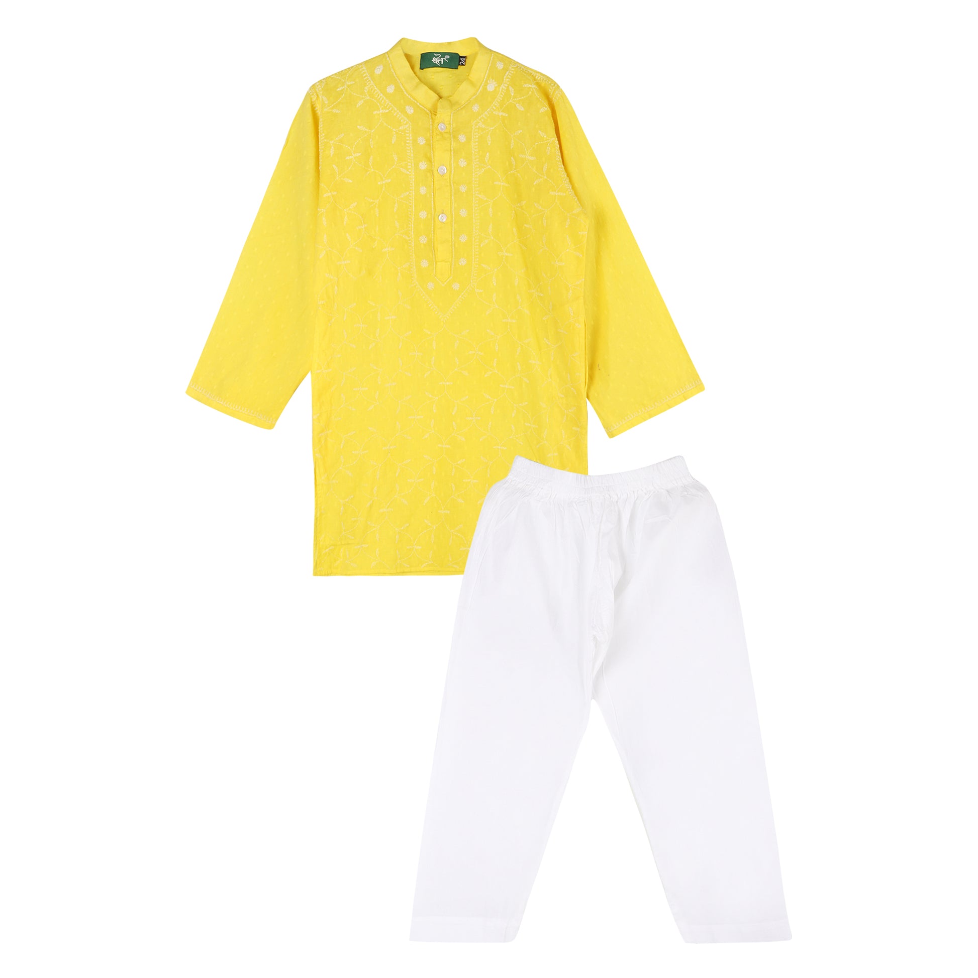 Yellow Chikankari  kurta with white pants on a white background