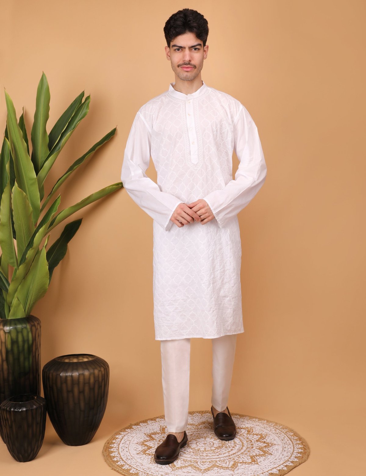 Shwet Men Cotton White Chikankari Kurta - Handcrafted Chikankari embroidery, front view. Premium quality fabric.
